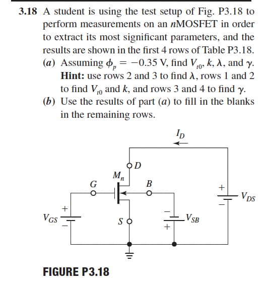 3.18 A student is using the test setup of Fig. P3.18 to
perform measurements on an nMOSFET in order
to extract its most significant parameters, and the
results are shown in the first 4 rows of Table P3.18.
(a) Assuming $ = -0.35 V, find V₁0, k, λ, and y.
Hint: use rows 2 and 3 to find λ, rows 1 and 2
to find V₁0 and k, and rows 3 and 4 to find y.
(b) Use the results of part (a) to fill in the blanks
in the remaining rows.
ID
OD
G
+
M₂
VGS
FIGURE P3.18
SO
"F
B
+
_VSB
VDS