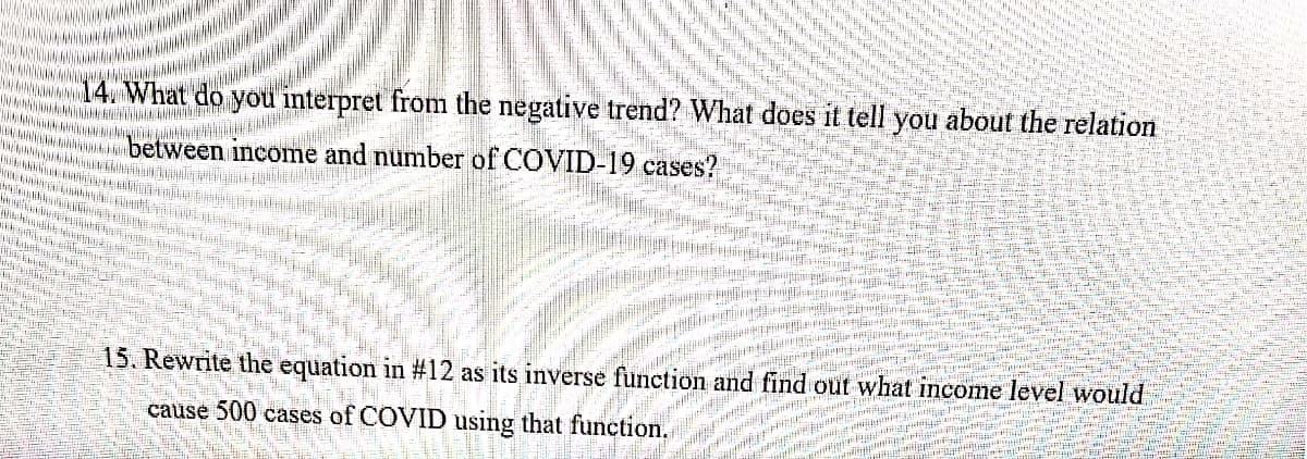 What do you interpret from the negative trend? What does it tell you about the relation
between income and number of COVID-19 cases?
15. Rewrite the equation in #12 as its inverse function and find out what income level would
ilit
cause 500 cases of COVID using that function.
