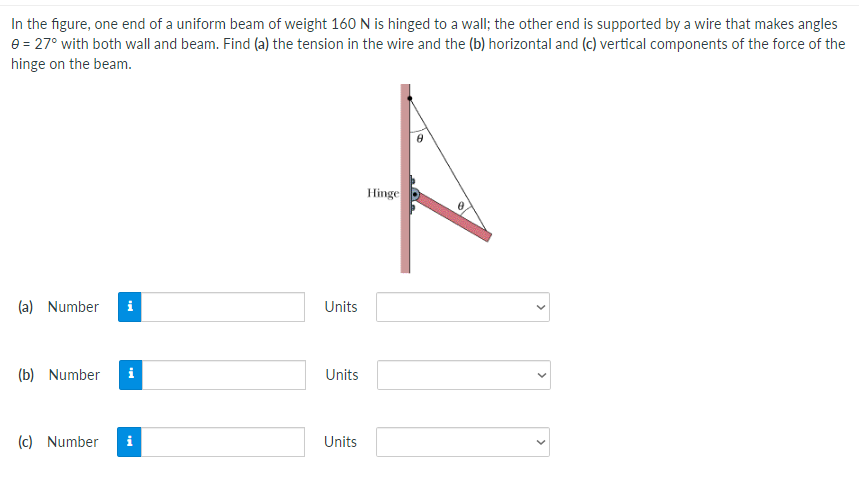 In the figure, one end of a uniform beam of weight 160 N is hinged to a wall; the other end is supported by a wire that makes angles
e = 27° with both wall and beam. Find (a) the tension in the wire and the (b) horizontal and (c) vertical components of the force of the
hinge on the beam.
to
Hinge
(a) Number
i
Units
(b) Number
i
Units
(c) Number
i
Units
>
>
