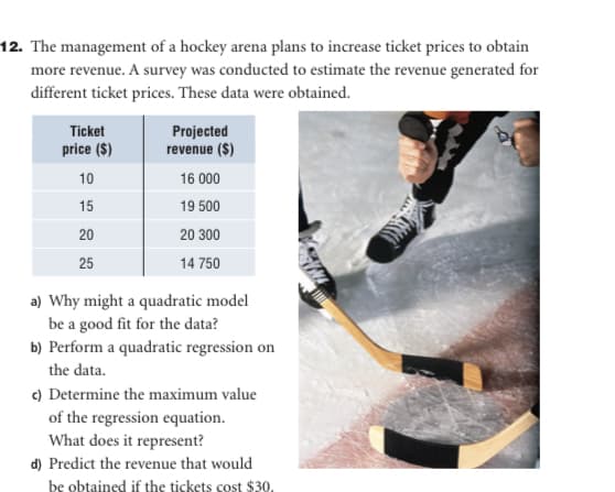 12. The management of a hockey arena plans to increase ticket prices to obtain
more revenue. A survey was conducted to estimate the revenue generated for
different ticket prices. These data were obtained.
Ticket
price ($)
10
15
20
25
Projected
revenue ($)
16 000
19 500
20 300
14 750
a) Why might a quadratic model
be a good fit for the data?
b) Perform a quadratic regression on
the data.
c) Determine the maximum value
of the regression equation.
What does it represent?
d) Predict the revenue that would
be obtained if the tickets cost $30.