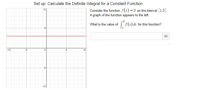 Set up: Calculate the Definite Integral for a Constant Function
Consider the function f(x) = 3 on the interval [1,5].
A graph of the function appears to the left.
10
What is the value of s(x)ax for this function?
5-
-10
-5
10
-5
-10
