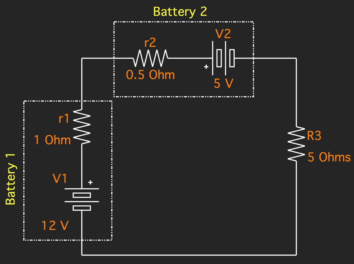 Battery 2
V2
r2
0.5 Ohm
5 V
r1
1 Ohm
R3
5 Ohms
V1
12 V
Battery 1
