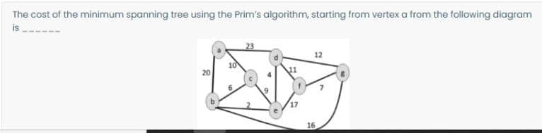The cost of the minimum spanning tree using the Prim's algorithm, starting from vertex a from the following diagram
is
23
12
10
20
17
16
