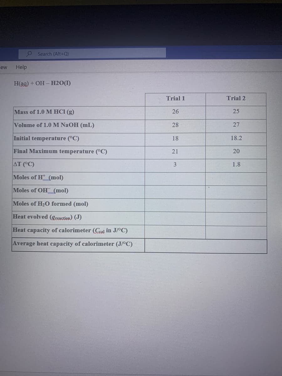 9 Search (Alt+Q)
ew
Help
Нaa) + ОН - Н20()
Trial 1
Trial 2
Mass of 1.0 M HCI (g)
26
25
Volume of 1.0M NAOH (mL)
28
27
Initial temperature (°C)
18
18.2
Final Maximum temperature (°C)
21
20
AT (°C)
3
1.8
Moles of H (mol)
Moles of OH (mol)
Moles of H20 formed (mol)
Heat evolved (Treaction) (J)
Heat capacity of calorimeter (Ceal in J/°C)
Average heat capacity of calorimeter (J/°C)
