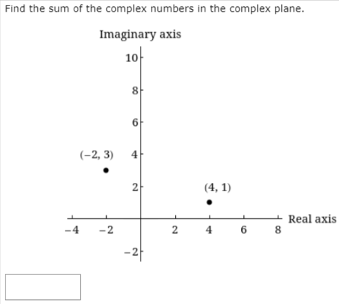 Find the sum of the complex numbers in the complex plane.
Imaginary axis
10
8
6
(-2, 3)
4
2
(4, 1)
+ Real axis
-4
-2
2
4
6 8
-과
