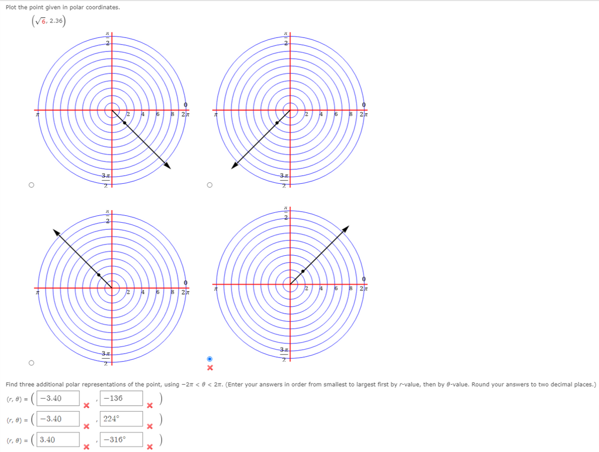 Plot the point given in polar coordinates.
(V6,2.36)
8 2k
4
6
8 25
Find three additional polar representations of the point, using -2n < e < 2n. (Enter your answers in order from smallest to largest first by r-value, then by 8-value. Round your answers to two decimal places.)
(r, 8) =
((-3.40
-136
(r, 8) =
-3.40
224°
(r, 8) = (3.40
-316°
