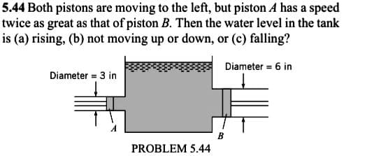 5.44 Both pistons are moving to the left, but piston A has a speed
twice as great as that of piston B. Then the water level in the tank
is (a) rising, (b) not moving up or down, or (c) falling?
Diameter = 6 in
Diameter = 3 in
PROBLEM 5.44
