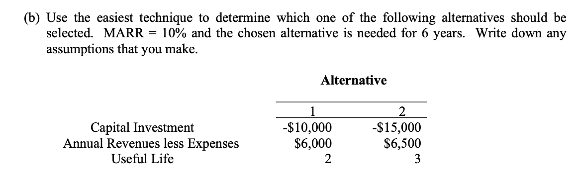 (b) Use the easiest technique to determine which one of the following alternatives should be
selected. MARR =
10% and the chosen alternative is needed for 6 years. Write down any
assumptions that
you
make.
Alternative
1
2
Capital Investment
Annual Revenues less Expenses
Useful Life
-$10,000
$6,000
-$15,000
$6,500
2
3
