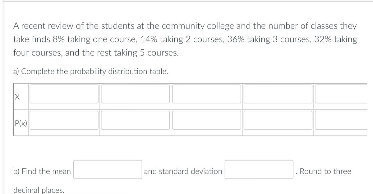A recent review of the students at the community college and the number of classes they
take finds 8% taking one course, 14% taking 2 courses, 36% taking 3 courses, 32% taking
four courses, and the rest taking 5 courses.
a) Complete the probability distribution table.
X
P(x)
b) Find the mean
decimal places.
and standard deviation
Round to three