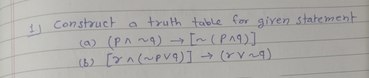 Construct
truth table for given statement
(a) (P^ ~q) → [~ (P^9)]
(6) [^(~PV99)]→ (とV~9)
