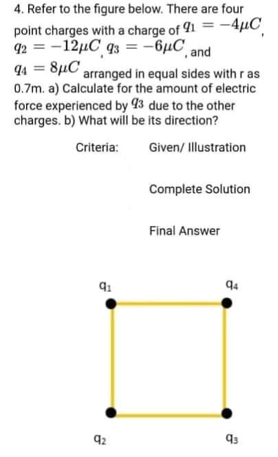 4. Refer to the figure below. There are four
point charges with a charge of 91 =-4µC
92 = -12µC q3 = -6µC
8µC arranged in equal sides with r as
0.7m. a) Calculate for the amount of electric
force experienced by 93 due to the other
charges. b) What will be its direction?
', and
Criteria:
Given/ Illustration
Complete Solution
Final Answer
q4
93
