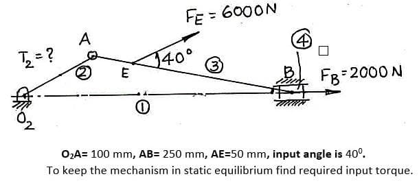 T₂ = ?
A
E
FE = 6000N
140°
0
3
(4)
B
F4
FB=2000 N
O₂A= 100 mm, AB= 250 mm, AE=50 mm, input angle is 40⁰.
To keep the mechanism in static equilibrium find required input torque.