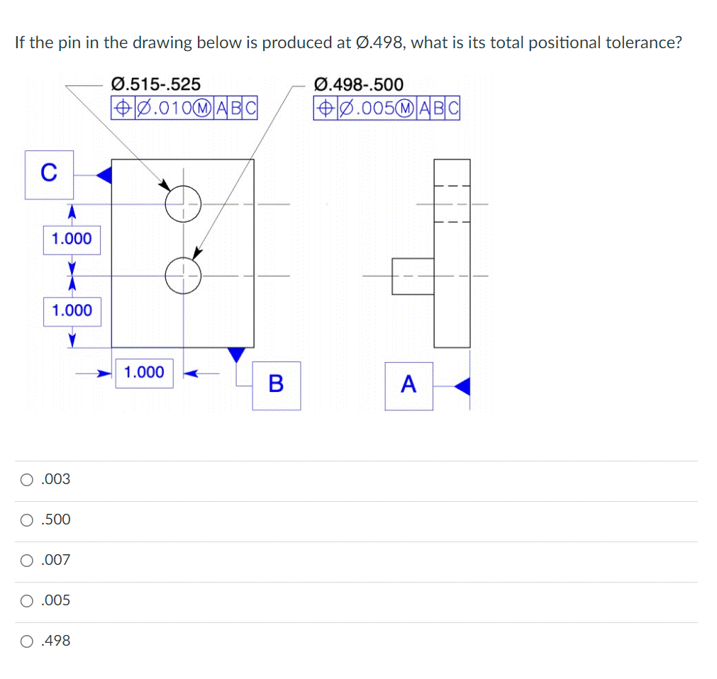 If the pin in the drawing below is produced at Ø.498, what is its total positional tolerance?
C
1.000
I
1.000
O.003
.500
O .007
.005
.498
Ø.515-.525
0.010MABC
1.000 K
B
Ø.498-.500
0.005MABC
A