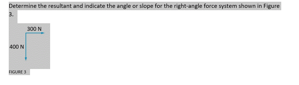 Determine the resultant and indicate the angle or slope for the right-angle force system shown in Figure
3.
300 N
400 N
FIGURE 3

