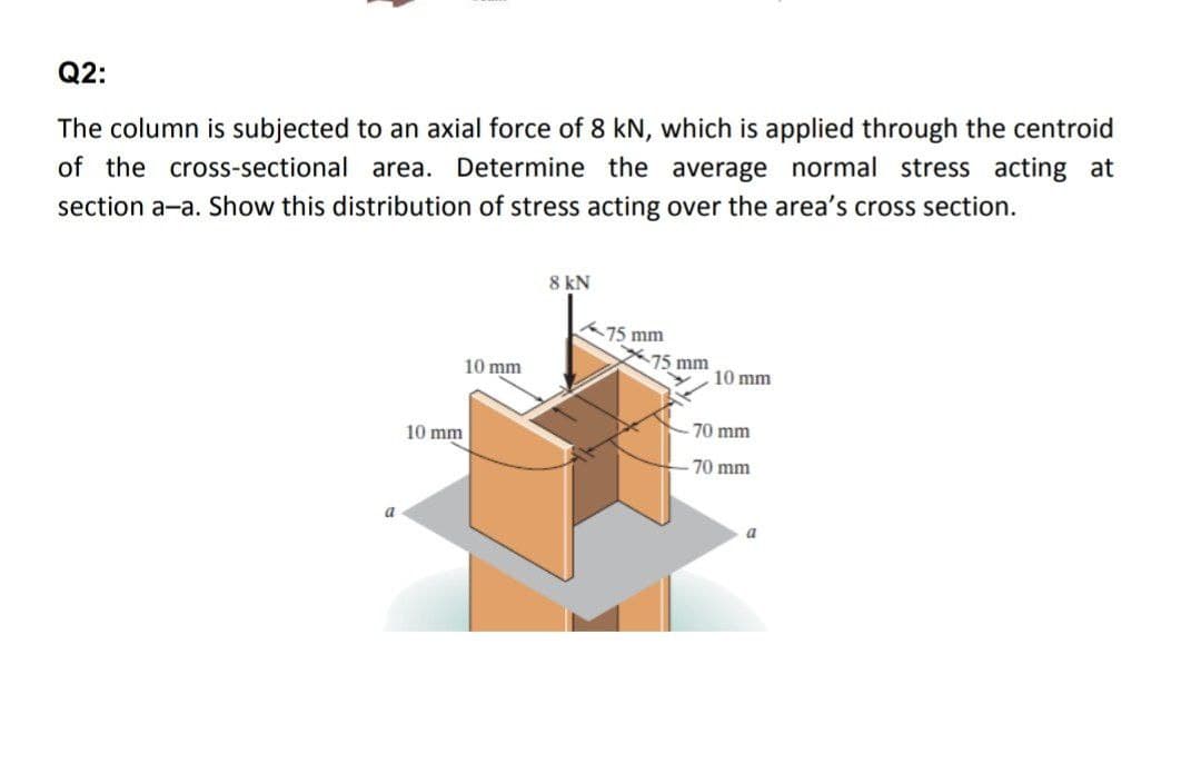 Q2:
The column is subjected to an axial force of 8 kN, which is applied through the centroid
of the cross-sectional area. Determine the average normal stress acting at
section a-a. Show this distribution of stress acting over the area's cross section.
8 kN
15 mm
75 mm
10 mm
10 mm
70 mm
10 mm
70 mm
a
