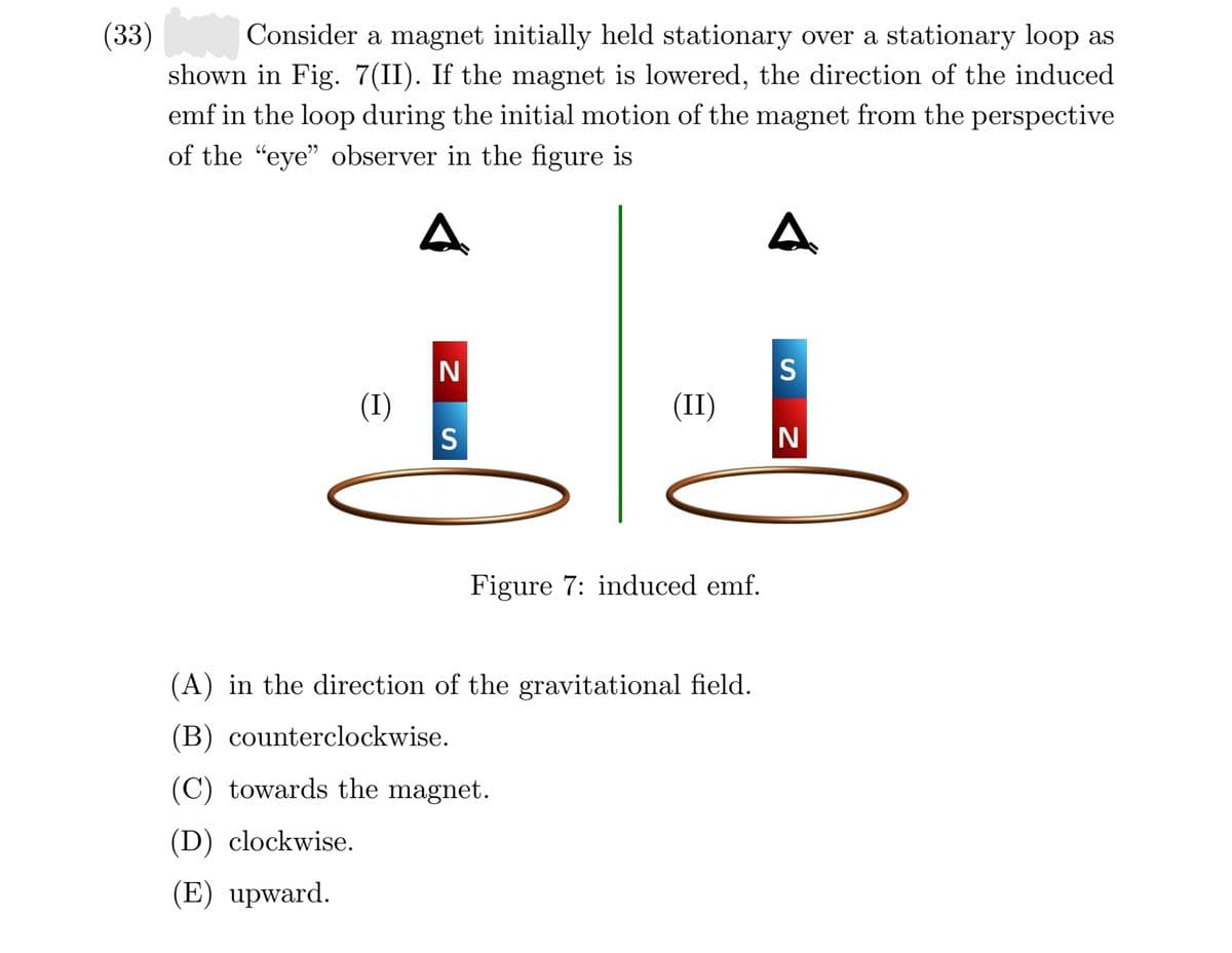 (33)
shown in Fig. 7(II). If the magnet is lowered, the direction of the induced
emf in the loop during the initial motion of the magnet from the perspective
Consider a magnet initially held stationary over a stationary loop as
of the "eye" observer in the figure is
A
A
(II)
(I)
S
N
Figure 7: induced emf.
(A) in the direction of the gravitational field.
(B) counterclockwise.
(C) towards the magnet.
(D) clockwise.
(E) upward.
