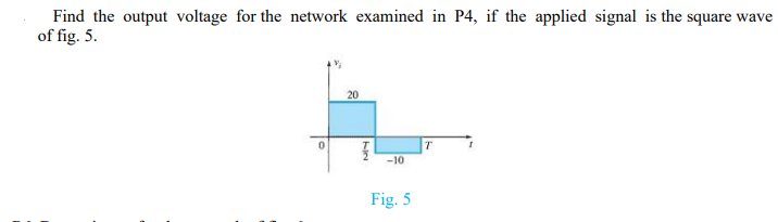 Find the output voltage for the network examined in P4, if the applied signal is the square wave
of fig. 5.
20
-10
Fig. 5
