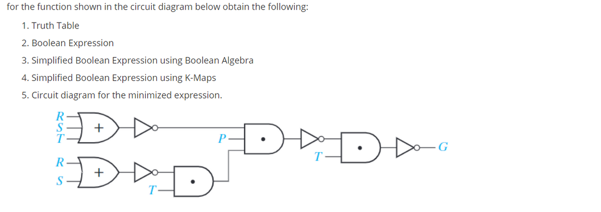 for the function shown in the circuit diagram below obtain the following:
1. Truth Table
2. Boolean Expression
3. Simplified Boolean Expression using Boolean Algebra
4. Simplified Boolean Expression using K-Maps
5. Circuit diagram for the minimized expression.
T
P
-G
R
+
S
T
