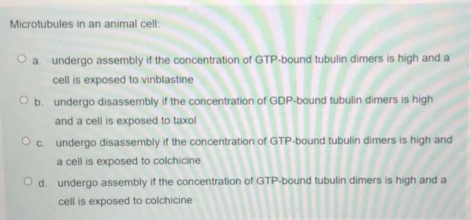 Microtubules in an animal cell:
O a. undergo assembly if the concentration of GTP-bound tubulin dimers is high and a
cell is exposed to vinblastine
O b. undergo disassembly if the concentration of GDP-bound tubulin dimers is high
and a cell is exposed to taxol
O c. undergo disassembly if the concentration of GTP-bound tubulin dimers is high and
a cell is exposed to colchicine
O d. undergo assembly if the concentration of GTP-bound tubulin dimers is high and a
cell is exposed to colchicine
