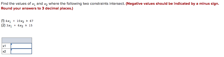 Find the values of x1 and x2 where the following two constraints intersect. (Negative values should be indicated by a minus sign.
Round your answers to 3 decimal places.)
(1) 4x1 + 10x2 = 67
(2) 3x1 + 6x2 2 15
x1
x2
