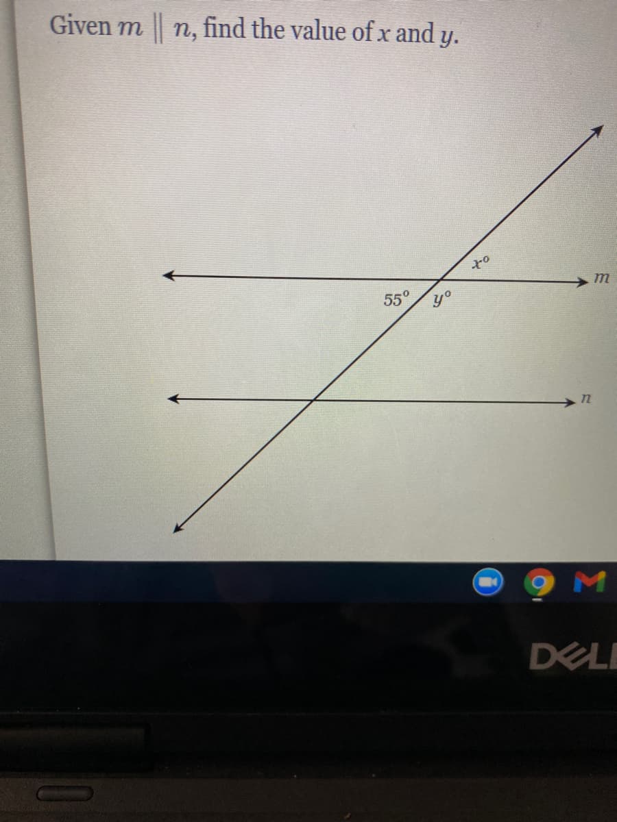 Given m
| n, find the value of x and y.
to
55°
M
DELI
