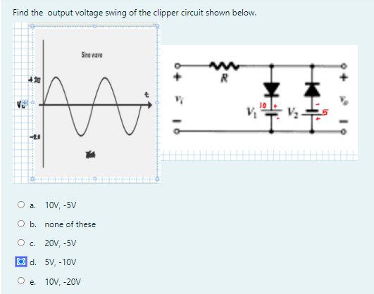 Find the output voltage swing of the clipper circuit shown below.
Sine wave
+知
R
О а. 10V, -5V
O b. none of these
O. 20V, -5V
O d. 5V, -10V
e. 10V, -20V

