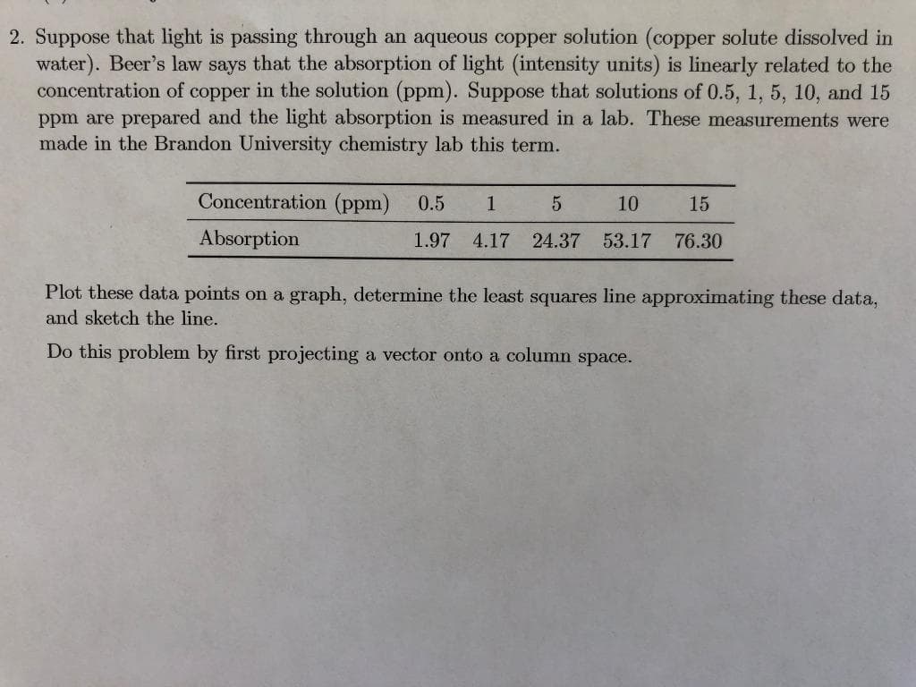 2. Suppose that light is passing through an aqueous copper solution (copper solute dissolved in
water). Beer's law says that the absorption of light (intensity units) is linearly related to the
concentration of copper in the solution (ppm). Suppose that solutions of 0.5, 1, 5, 10, and 15
ppm are prepared and the light absorption is measured in a lab. These measurements were
made in the Brandon University chemistry lab this term.
Concentration (ppm)
0.5
1
10
15
Absorption
1.97
4.17
24.37
53.17
76.30
Plot these data points on a graph, determine the least squares line approximating these data,
and sketch the line.
Do this problem by first projecting a vector onto a column space.
