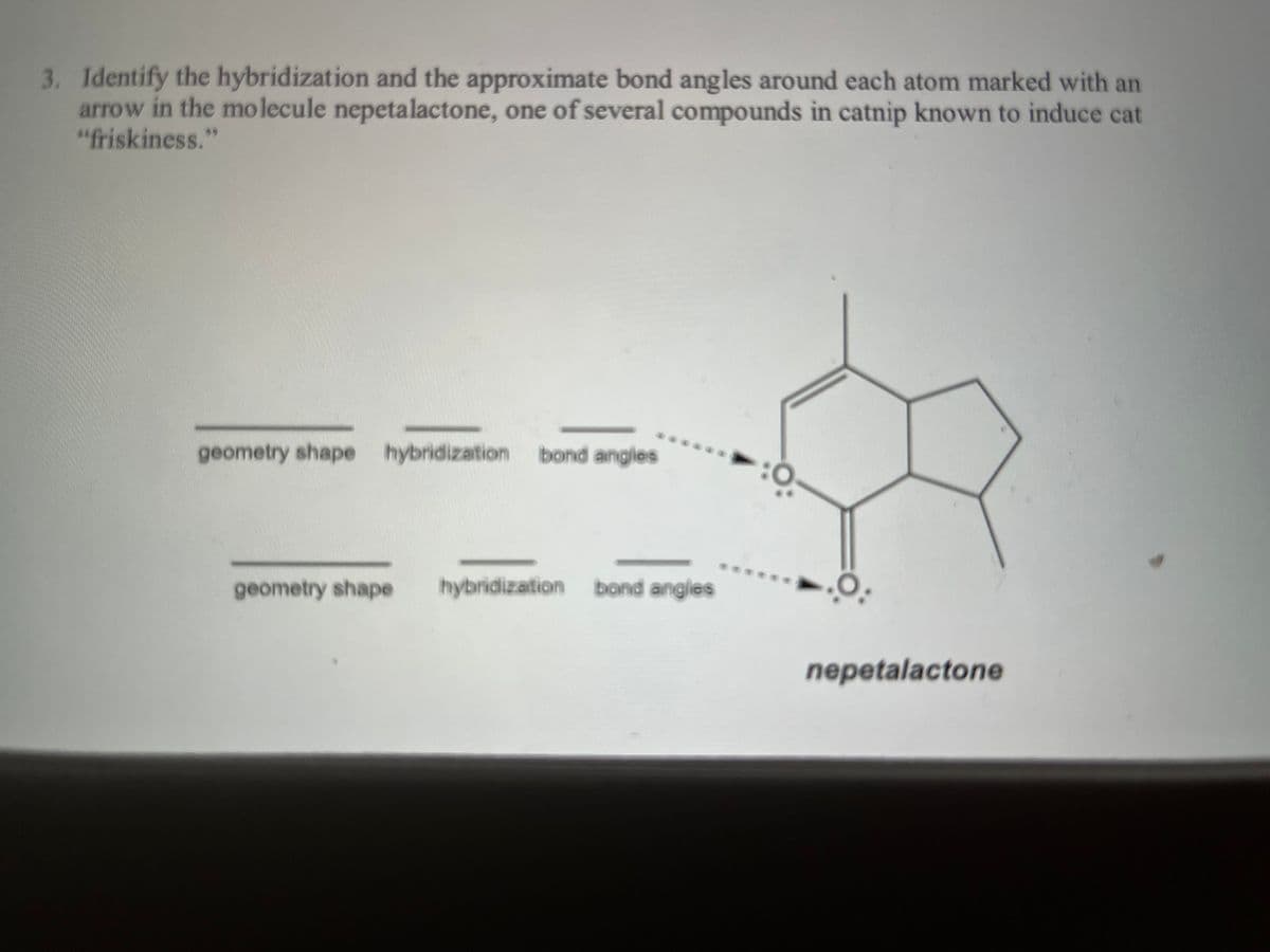 3. Identify the hybridization and the approximate bond angles around each atom marked with an
arrow in the molecule nepetalactone, one of several compounds in catnip known to induce cat
"friskiness."
geometry shape hybridization bond angles
geometry shape hybridization bond angles
nepetalactone