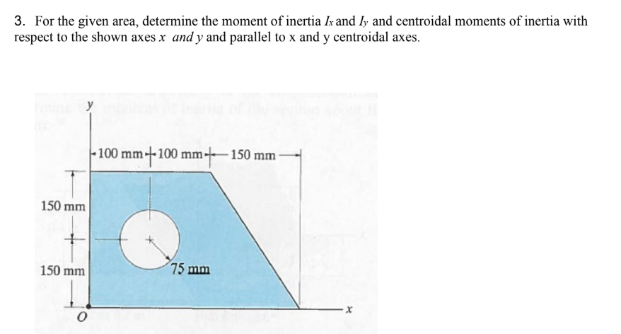 3. For the given area, determine the moment of inertia Ik and Iy and centroidal moments of inertia with
respect to the shown axes x and y and parallel to x and y centroidal axes.
