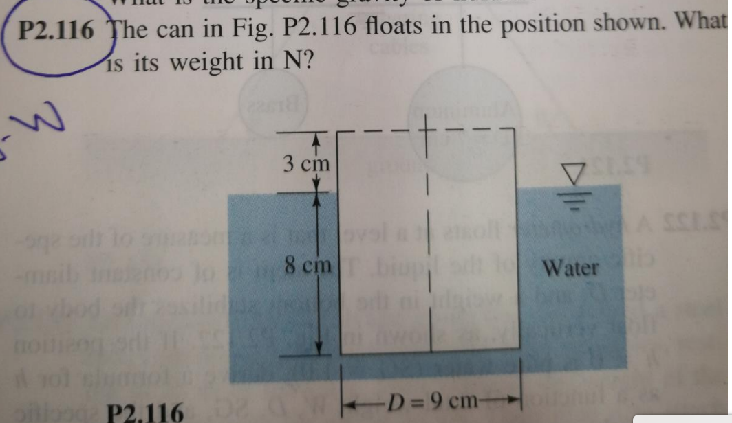 P2.116 The can in Fig. P2.116 floats in the position shown. What
is its weight in N?
3 cm
r lo
8 cm
Water
oiio P2.116
-D=9 cm-
4.
