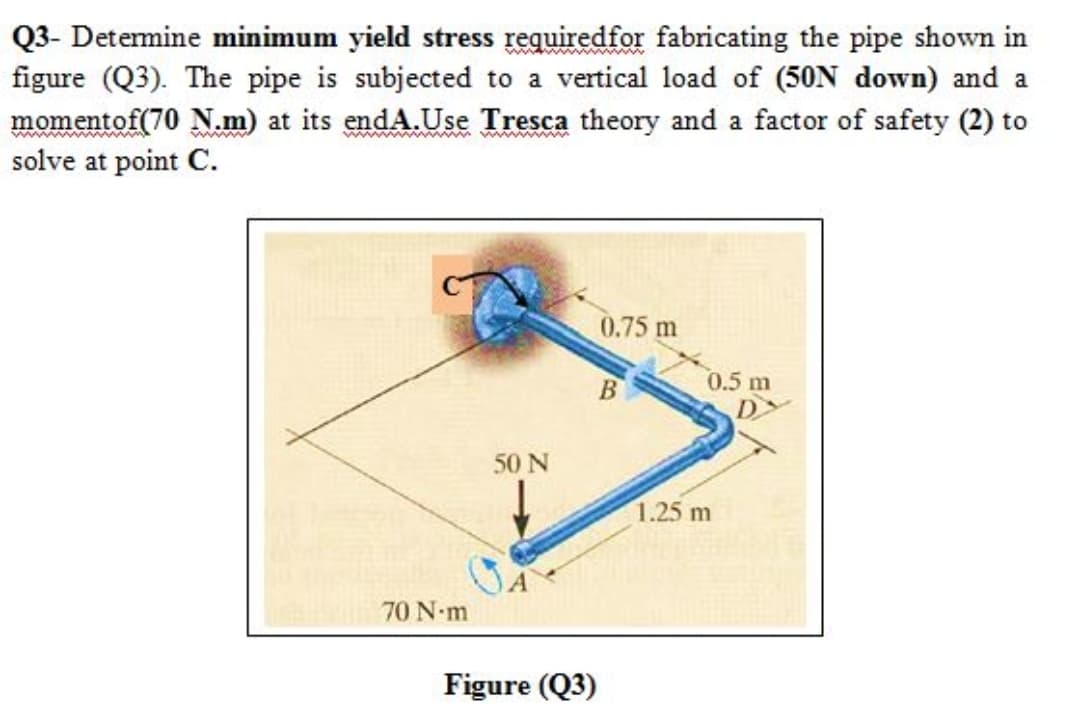 Q3- Detemine minimum yield stress requiredfor fabricating the pipe shown in
figure (Q3). The pipe is subjected to a vertical load of (50N down) and a
momentof(70 N.m) at its endA.Use Tresca theory and a factor of safety (2) to
solve at point C.
www w
0.75 m
0.5 m
D
В
50 N
1.25 m
70 N-m
Figure (Q3)
