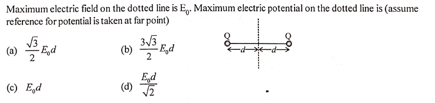 Maximum electric field on the dotted line is E,. Maximum electric potential on the dotted line is (assume
reference for potential is taken at far point)
3/3
(a)
E,d
(b)
- E,d
2
E,d
(d)
(c) E,d
