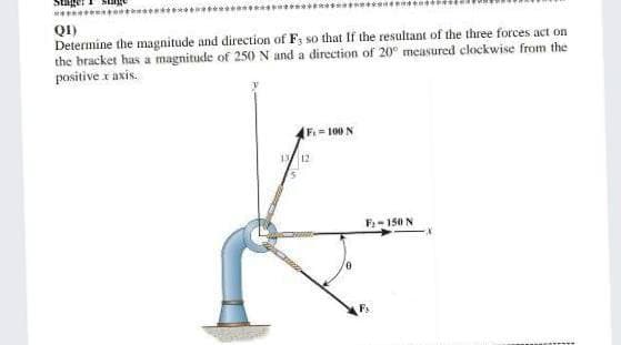 QI)
Determine the magnitude and direction of Fs so that If the resultant of the three forces act on
the bracket has a magnitude of 250 N and a direction of 20° measured clockwise from the
positive x axis.
F 100 N
1 12
F-150 N
F.
