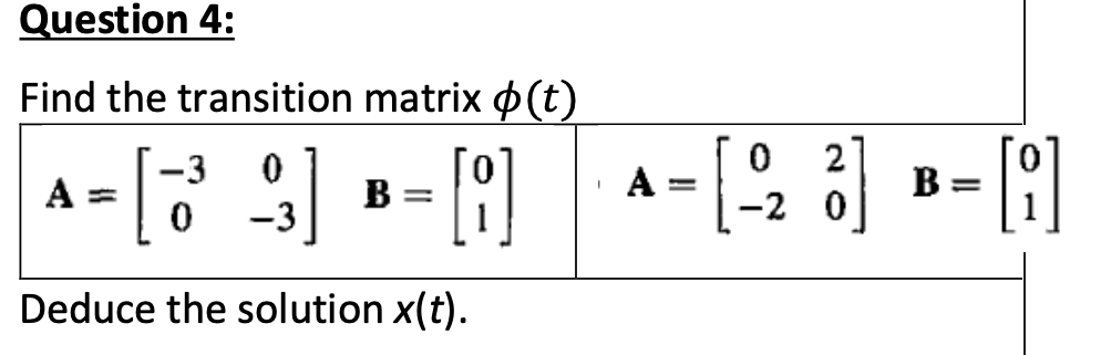 Question 4:
Find the transition matrix (t)
-3
A
2
B =
A =
В
-2 0
-3
Deduce the solution x(t).
