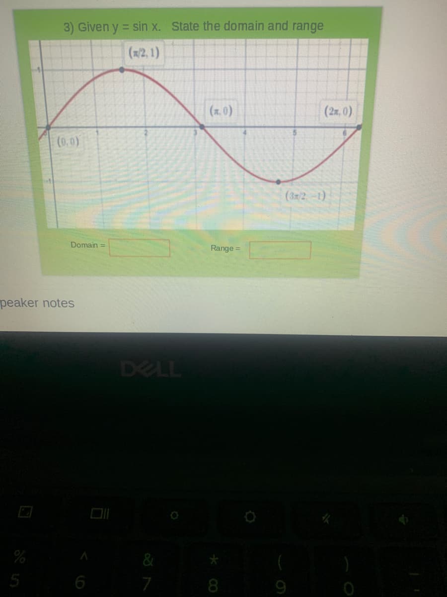 3) Given y = sin x. State the domain and range
(x2,1)
(x.0)
(27, 0).
(0.0)
(3x2-1)
Domain =
Range =
peaker notes
DELL
%
5
6
7
9
