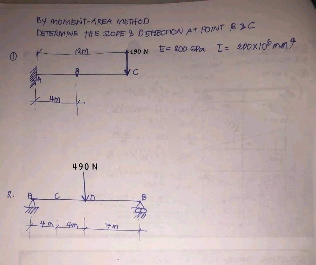 0
2.
By MOMENT-AREA METHOD
DETERMINE THE SLOPE & DEFLECTION AT POINT B&C
C
12m
490 N
+ 4 m/4m
VD
7m
490 N
VC
E = 200 GPa I = 200×108 may
mm 4