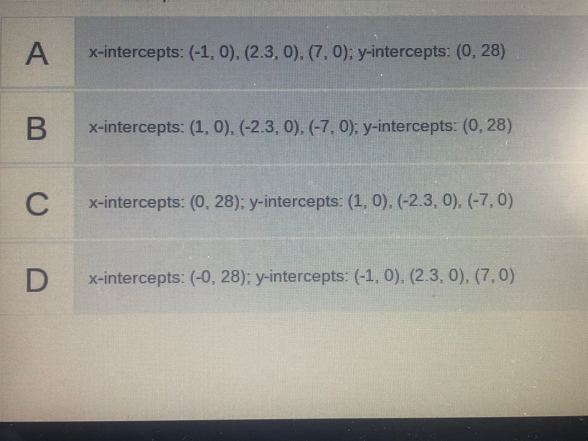 x-intercepts: (-1, 0), (2.3, 0), (7, 0): y-intercepts: (0, 28)
x-intercepts: (1, 0), (-2.3, 0), (-7. 0); y-intercepts: (0, 28)
x-intercepts: (0, 28); y-intercepts: (1, 0), (-2.3, 0), (-7, 0)
x-intercepts: (-0, 28); y-intercepts: (-1, 0), (2.3, 0), (7, 0)
A,
