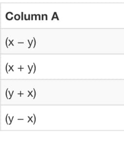 Column A
(x – y)
(x + y)
(y + x)
(у - х)
