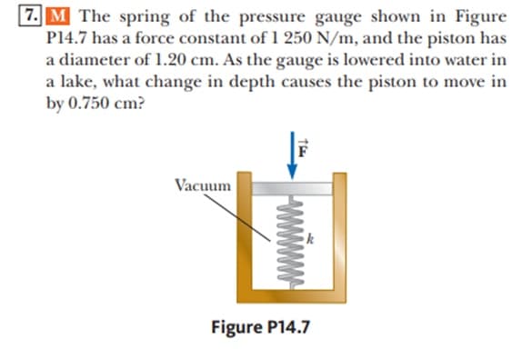 7. M The spring of the pressure gauge shown in Figure
P14.7 has a force constant of 1 250 N/m, and the piston has
a diameter of 1.20 cm. As the gauge is lowered into water in
a lake, what change in depth causes the piston to move in
by 0.750 cm?
Vacuum
Figure P14.7
