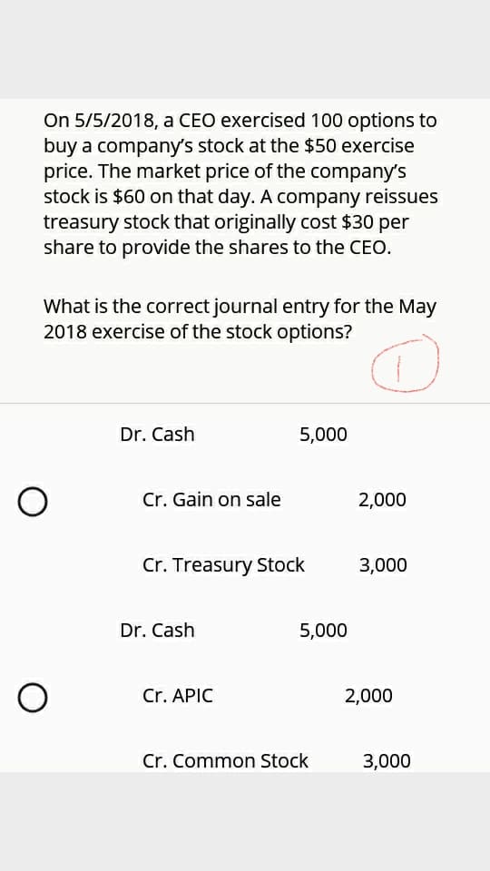 On 5/5/2018, a CEO exercised 100 options to
buy a company's stock at the $50 exercise
price. The market price of the company's
stock is $60 on that day. A company reissues
treasury stock that originally cost $30 per
share to provide the shares to the CEO.
What is the correct journal entry for the May
2018 exercise of the stock options?
Dr. Cash
5,000
Cr. Gain on sale
2,000
Cr. Treasury Stock
3,000
Dr. Cash
5,000
Cr. APIC
2,000
Cr. Common Stock
3,000
