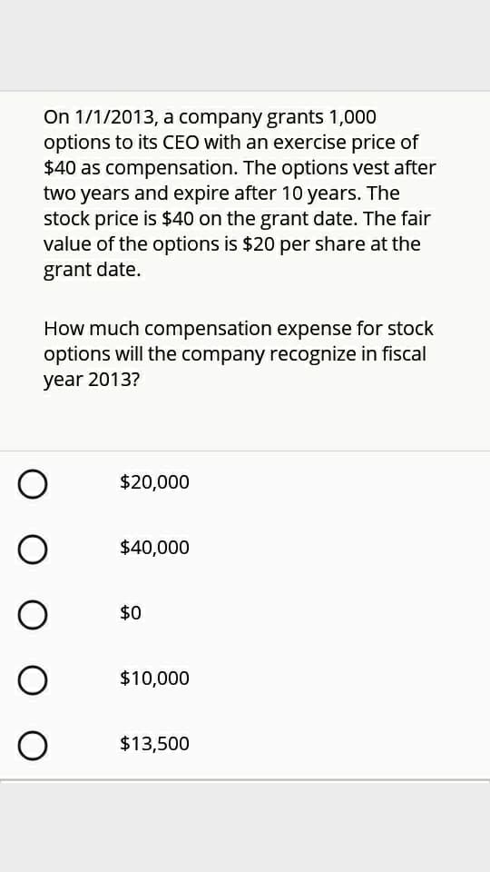 On 1/1/2013, a company grants 1,000
options to its CEO with an exercise price of
$40 as compensation. The options vest after
two years and expire after 10 years. The
stock price is $40 on the grant date. The fair
value of the options is $20 per share at the
grant date.
How much compensation expense for stock
options will the company recognize in fiscal
year 2013?
$20,000
$40,000
$0
$10,000
$13,500
O O
O O O
