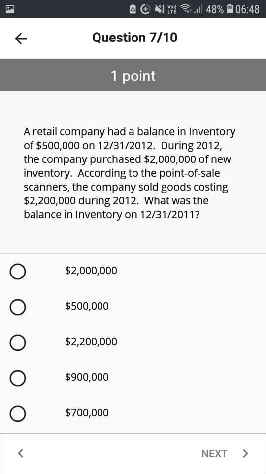 A e Y ll 48% À 06:48
Vo)
LTE
Question 7/10
1 point
A retail company had a balance in Inventory
of $500,000 on 12/31/2012. During 2012,
the company purchased $2,000,000 of new
inventory. According to the point-of-sale
scanners, the company sold goods costing
$2,200,000 during 2012. What was the
balance in Inventory on 12/31/2011?
$2,000,000
$500,000
$2,200,000
$900,000
$700,000
NEXT
