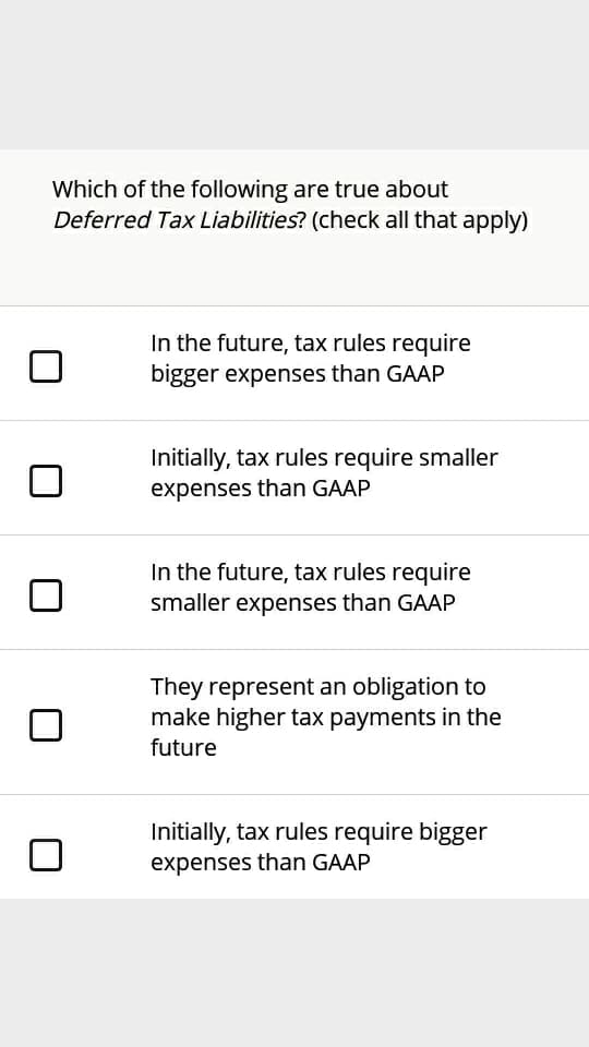 Which of the following are true about
Deferred Tax Liabilities? (check all that apply)
In the future, tax rules require
bigger expenses than GAAP
Initially, tax rules require smaller
expenses than GAAP
In the future, tax rules require
smaller expenses than GAAP
They represent an obligation to
make higher tax payments in the
future
Initially, tax rules require bigger
expenses than GAAP
