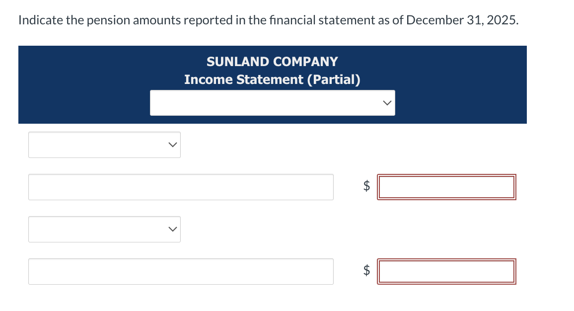 Indicate the pension amounts reported in the financial statement as of December 31, 2025.
SUNLAND COMPANY
Income Statement (Partial)
tA
10