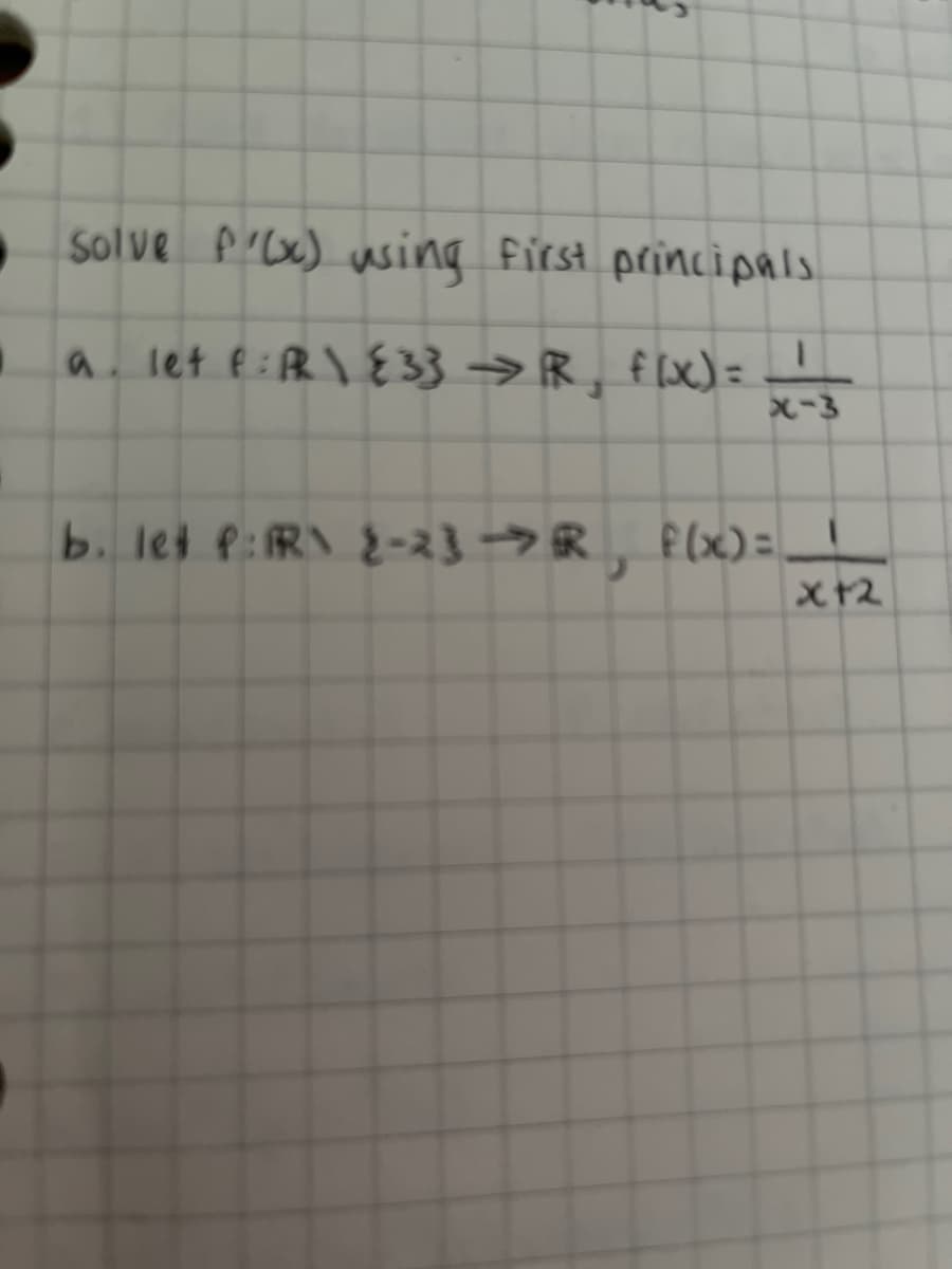 solve P'(x) using first principals
a. let E :Ph \ {33→R, f[X) =
X-3
b. let P:R) {-2}-7R, f(x)=
X+2
