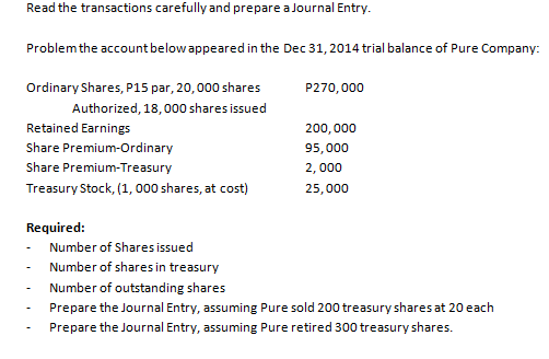 Read the transactions carefully and prepare a Journal Entry.
Problem the account belowappeared in the Dec 31, 2014 trial balance of Pure Company:
Ordinary Shares, P15 par, 20,000 shares
P270, 000
Authorized, 18,000 shares issued
Retained Earnings
200,000
Share Premium-Ordinary
95,000
Share Premium-Treasury
2, 000
Treasury Stock, (1, 000 shares, at cost)
25,000
Required:
Number of Shares issued
-
Number of shares in treasury
Number of outstanding shares
Prepare the Journal Entry, assuming Pure sold 200 treasury shares at 20 each
Prepare the Journal Entry, assuming Pure retired 300 treasury shares.
