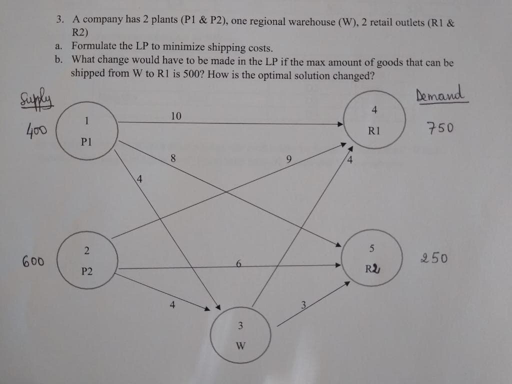 3. A company has 2 plants (P1 & P2), one regional warehouse (W), 2 retail outlets (R1 &
R2)
Formulate the LP to minimize shipping costs.
b. What change would have to be made in the LP if the max amount of goods that can be
a.
shipped from W to R1 is 500? How is the optimal solution changed?
Demand
Suply
4
10
1
400
750
R1
P1
8.
9.
600
250
P2
4
3
W
4)
