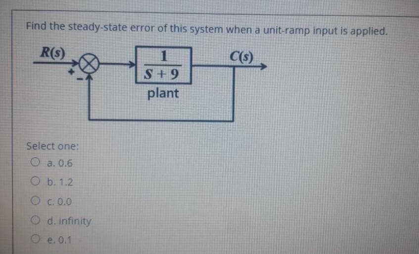 Find the steady-state error of this system when a unit-ramp input is applied.
R(s)
1
C(s)
->
S+9
plant
Select one:
O a. 0.6
O b. 1.2
O c. 0.0
O d. infinity
e. 0.1
