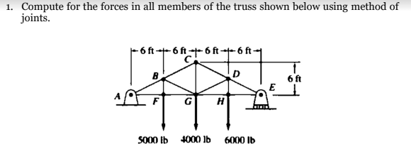 1. Compute for the forces in all members of the truss shown below using method of
joints.
- 6 ft + 6 ft - 6 ft→
B
D
6 ft
so00 Ib 4000 Ib
6000 Ib
