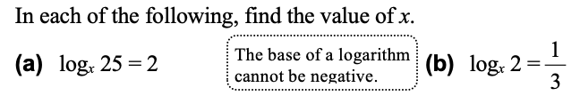 In each of the following, find the value of x.
(a) log. 25 = 2
1
The base of a logarithm (b) log, 2
cannot be negative.
3
